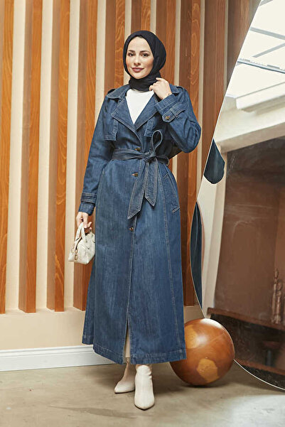 Neways 6458-Allerli Denim Trençkot Koyu Mavi