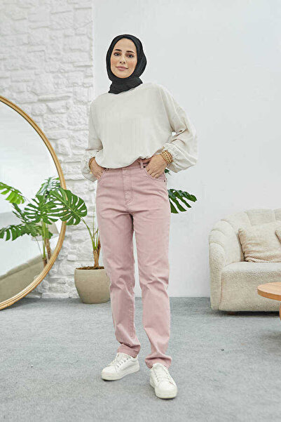 Neways Denim Yüksek Belli Dar Paça Pantolon Pudra