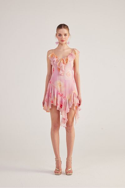 HOLLY LOLLY Pink Asymmetrical Cut and Backless Floral Patterned Gigi Dress