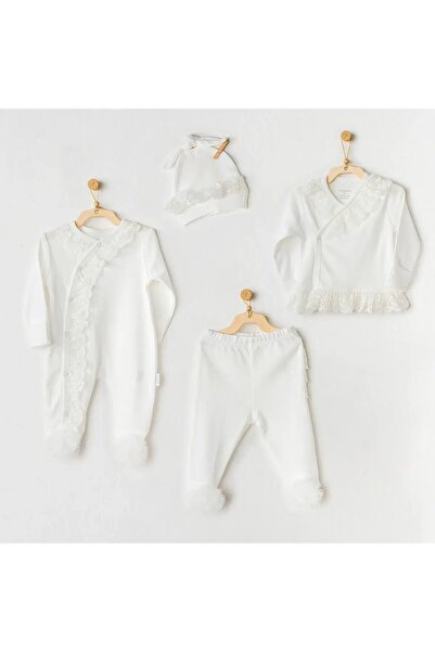 andywawa 25312 Kız Bebek Ekru Chic Girl Dantelli 4 Lü Hastane Çıkış Seti