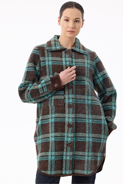 Tığ Triko Ekose Desenli Mink Kaban KAHVE