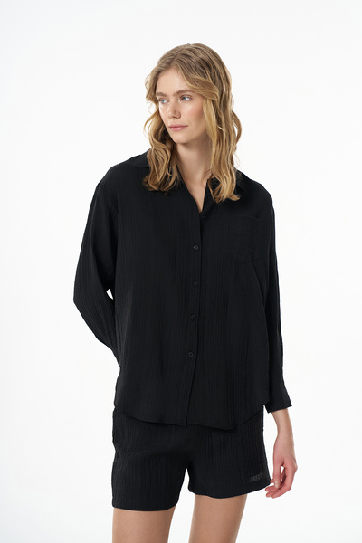 Quzu Dokulu Cepli Oversize Gömlek Siyah