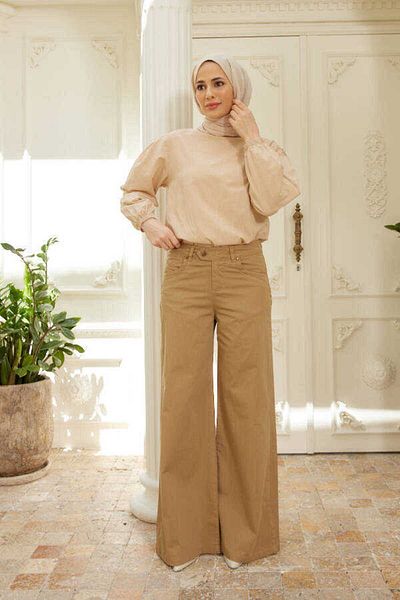 Neways 1067-Denim Wide Leg Trousers Beige