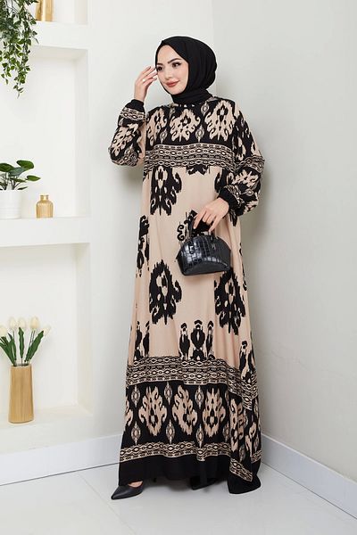 Nevayla Moda Φόρεμα βισκόζης με πολύχρωμο σχέδιο - Μαύρο Μπεζ/ E0122