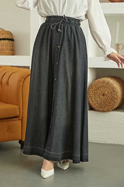 Neways 2215-denim Mevlana Düğmeli Etek Koyu Gri-1