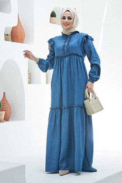 Neways 6595-denim Fırfırlı Elbise Koyu Mavi