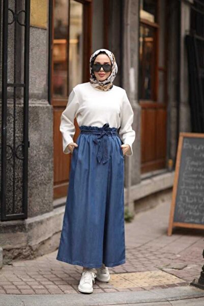 Neways 1119-denim Lastikli Pantolon Etek Koyu Mavi