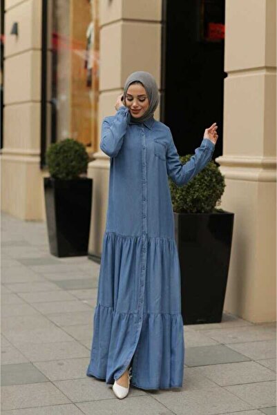 Neways 6564-denim Büzgülü Düğmeli Elbise Koyu Mavi