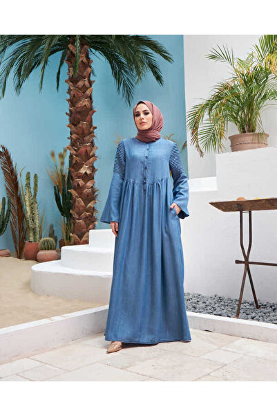 Neways 6591- دنيم فستان بأكمام مضلعة باللون الأزرق الداكن