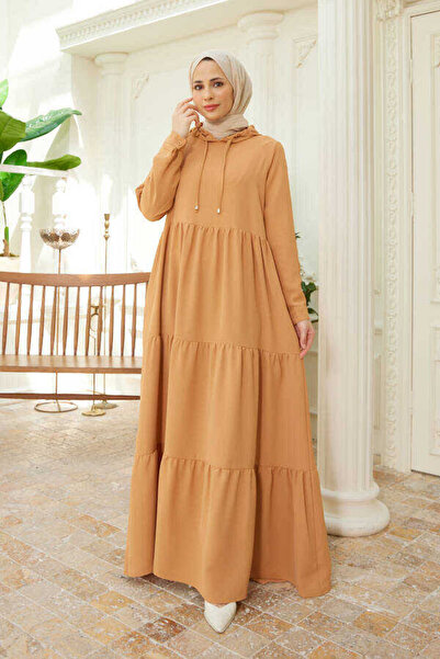 Neways 6531-berlin Kapşonlu Reglan Kollu Elbise Camel