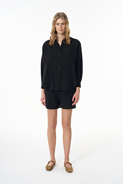 Quzu Dokulu Cepli Oversize Gömlek Siyah