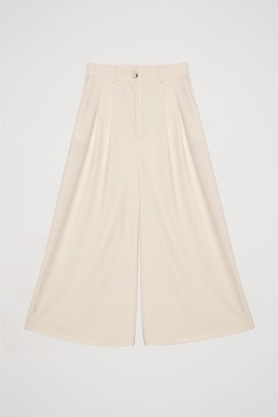 Quzu Ecru Wide Leg Trousers - Pleat Detail