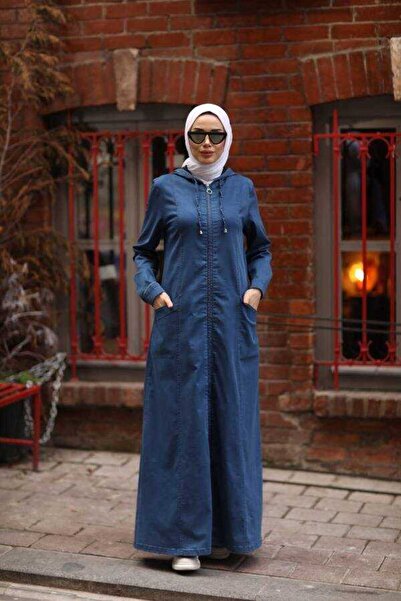 Neways 6463-Denim Kapşonlu  Ferace Koyu Mavi
