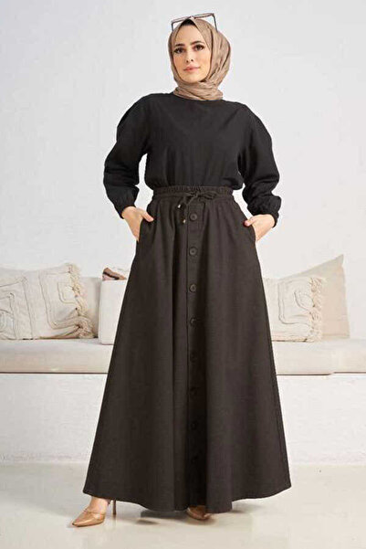 Neways 2215-denim Mevlana Düğmeli Etek Haki