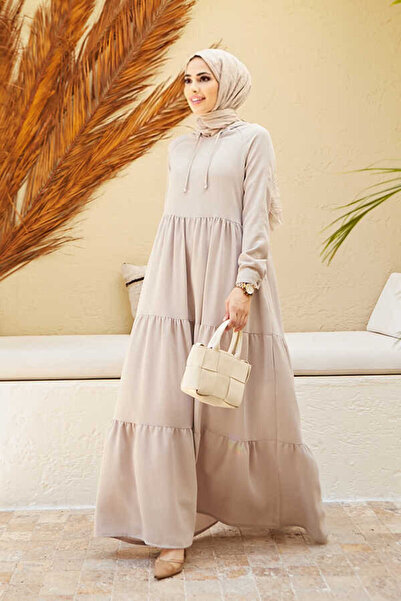 Neways 6531-krep Kapşonlu Reglan Kollu Elbise Taş