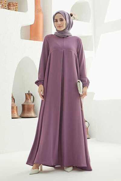 Neways 6482-فستان كريب أرجواني بطيات أمامية واحدة