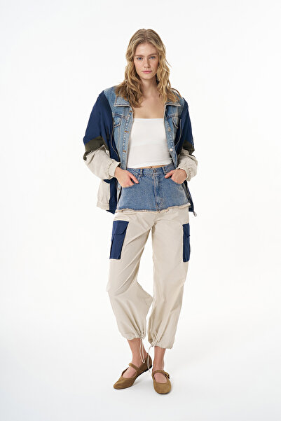 Quzu Denim Detaylı Cepli Paraşüt Pantolon Mavi