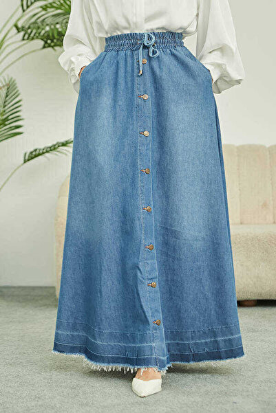 Neways 2215-Denim Mevlana Düğmeli Etek Mavi