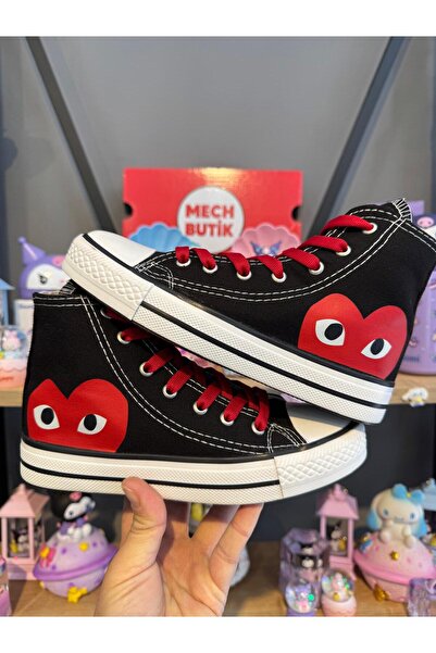MECH BUTİK Unisex Siyah Bilekli Kırmızı Kalp Baskılı Spor Ayakkabı Sneaker