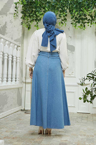 Neways 2195-Denim Mevlana Kot Etek Mavi
