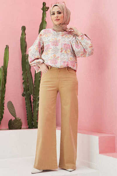 Neways 1152-Denim Parça Boyalı Pantolon Bej