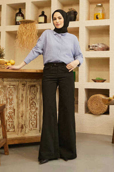 Neways 1067-Denim Bol Paça Pantolon Siyah