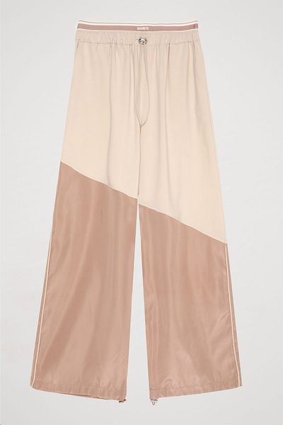 Quzu Beige Color Block Wide Leg Trousers with Elastic Waist