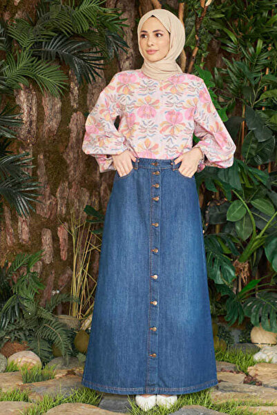 Neways 2079-düğmeli Kot Etek Koyu Mavi