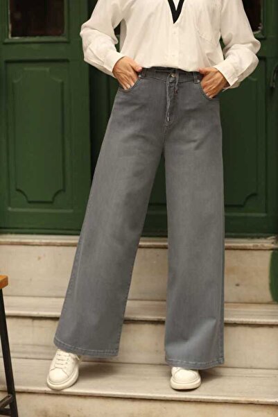 Neways 1123-denim Bağcıklı Bol Paça Pantolon Gri