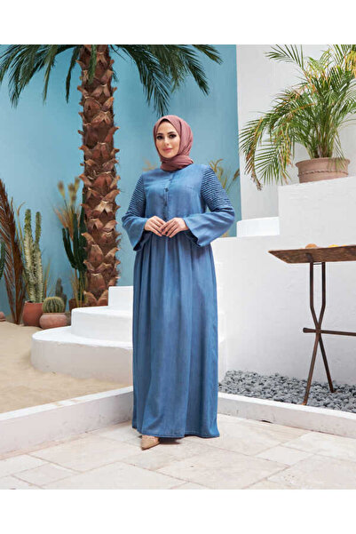 Neways 6591 - فستان مضلع بأكمام من الدنيم باللون الأزرق الداكن