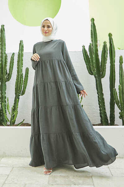 Neways 6400-فستان منقوش باللون الأخضر الزيتي