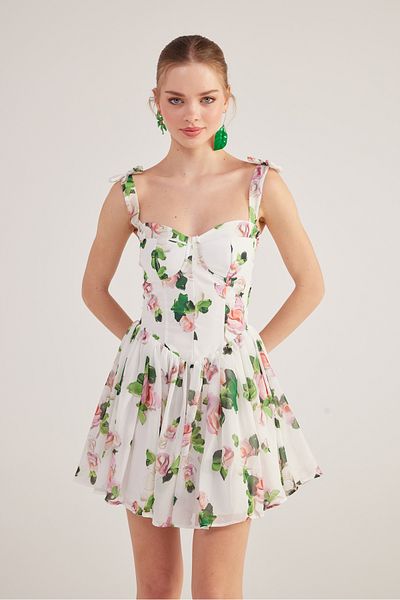 HOLLY LOLLY White Mini Chiffon Esther Dress - Straps Ribbon and Floral Print