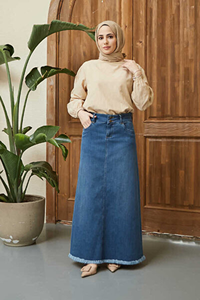 Neways 2252-Denim Püsküllü Etek Koyu Mavi