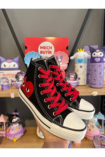 MECH BUTİK Unisex Siyah Bilekli Kırmızı Kalp Baskılı Spor Ayakkabı Sneaker