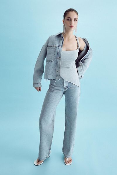 its basic Blugi de damă Culoare 3S5-3 Blugi din denim cu talie înaltă, cu strasuri strălucitoare