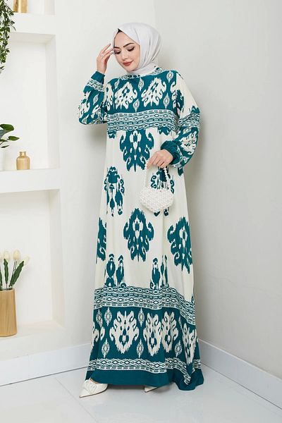Nevayla Moda Colorful Patterned Viscose Dress - Aqua Green/ E0122