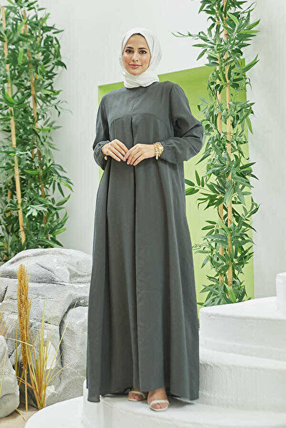 Neways 6482-Modal A Pileli Elbise Yağ Yeşili