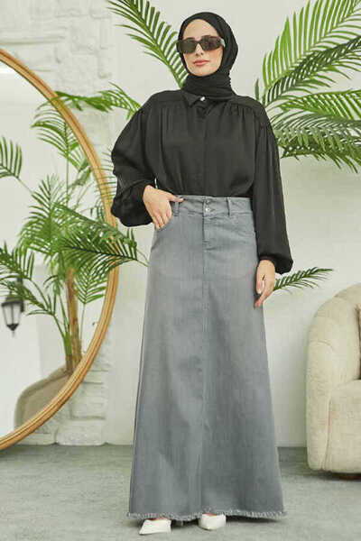 Neways 2252-Denim Püsküllü Etek Gri