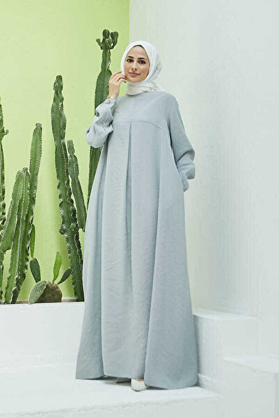 Neways 6482-فستان مودال ذو طيات رمادي فاتح