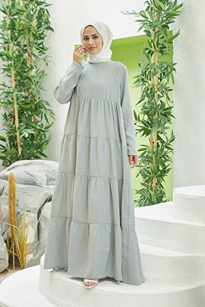 Neways 6400-Modal Büzgülü Elbise Açık Gri