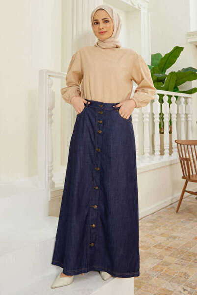 Neways 2079-düğmeli Kot Etek Lacivert
