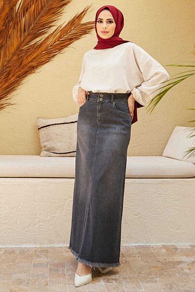 Neways 2252-Fusta denim Fusta cu ciucuri Gri închis