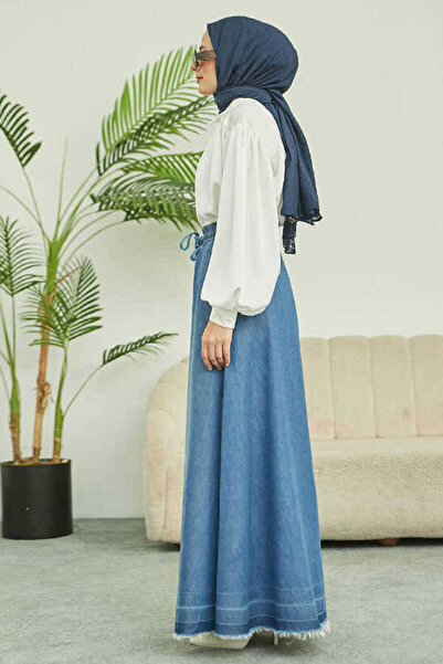 Neways 2215-Denim Mevlana Düğmeli Etek Mavi