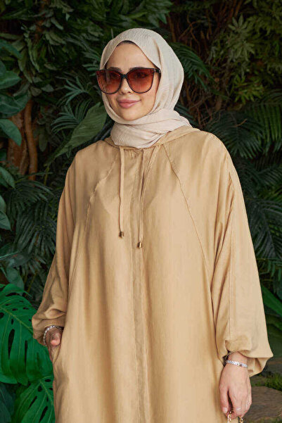 Neways 6465-Denim Parça Boya Yarasa Tunik Bej