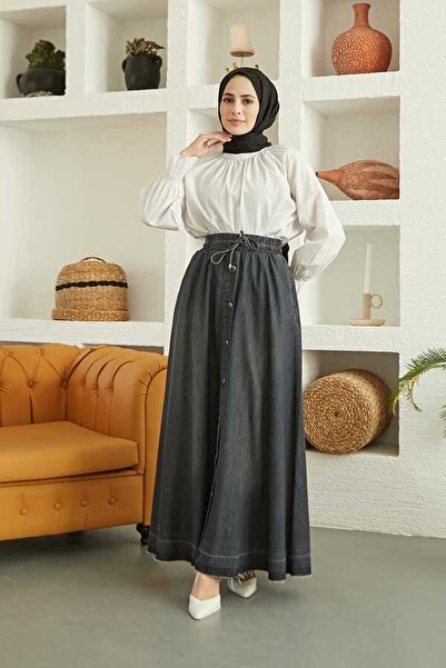 Neways 2215-DENİM MEVLANA DÜĞMELİ ETEK Koyu Gri-1