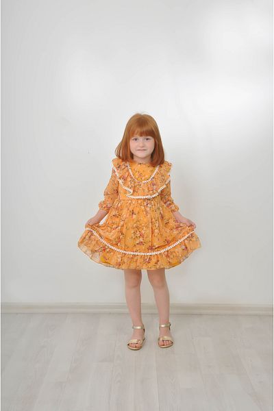 Filizdens Kids Rochie pentru fete Rochie cu pompon floral muștar Rochie casual pentru ziua de naștere
