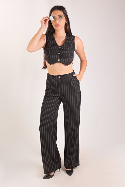 ESM LINE Μαύρο ριγέ Crop Cropped Γιλέκο και Φαρδύ Παντελόνι - Esm3024