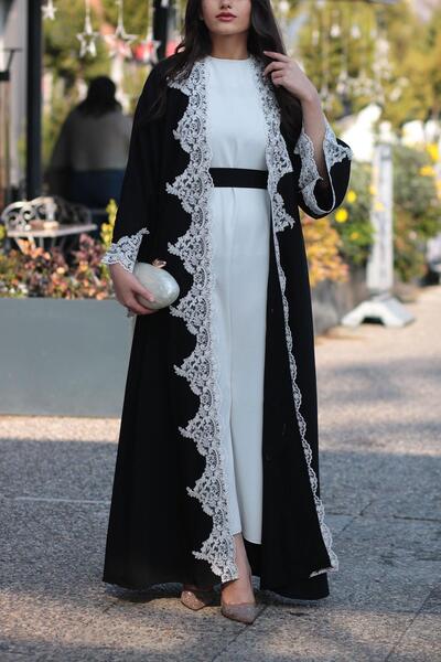MELEK ARAZ Siyah Güpür Detaylı Abaya