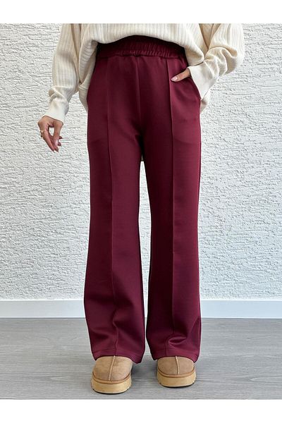 MELEK ARAZ Burgundy Women's Scuba Fabric Wide Leg Pants