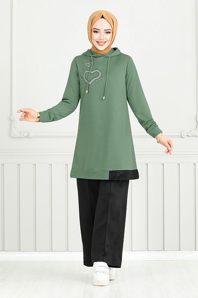 ModaMerve Πέτρινο Λεπτομερές Κοστούμι Hijab 345DVL897-M Mint&Black